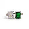 Ebru Jewelry Women's Silver / Green / White Emerald & Diamond Design Sterling Silver Statement Ring - Green