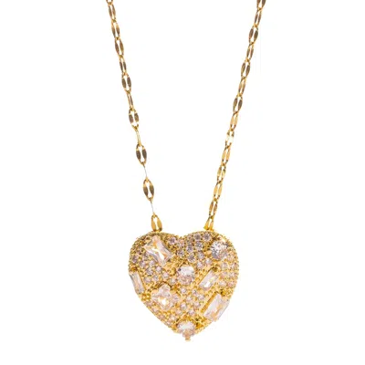 Ebru Jewelry Women's Sparkly Baguette Mosaic Big Heart Love Gold Statement Necklace - Gold