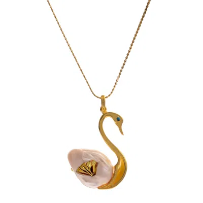 Ebru Jewelry Women's Blue / White / Gold Graceful Swan Baroque Pearl & Turquoise Necklace - Gold In Brown