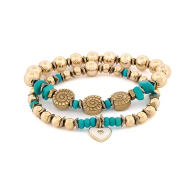 Ebru Jewelry Women's White / Gold / Blue Inner Peace Turquoise & Heart Charm Gold Bracelet Set - Blue