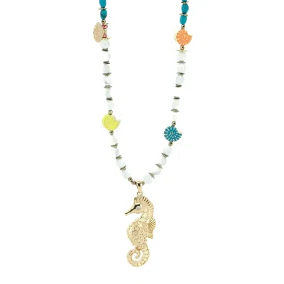 Ebru Jewelry Women's White / Gold / Blue Summer Magic Seahorse & Shell Beaded Necklace - Gold