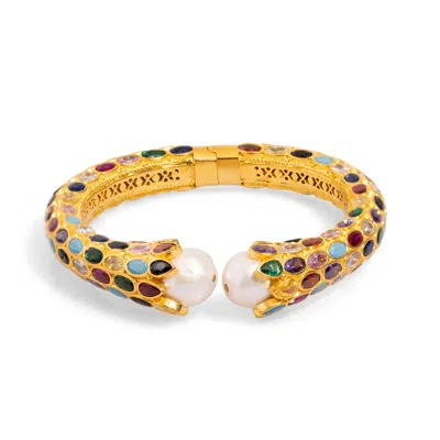 Ebru Jewelry Women's White / Gold Cleopatra Multi Gemstone & Pearl Gold Chunky Cuff Bracelet - Multicolor