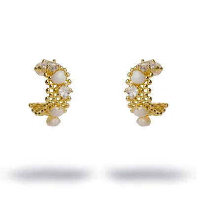 Ebru Jewelry Women's White / Gold Filigree Design Pearl & Diamond Hoop Earrings - Gold