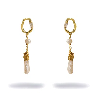 Ebru Jewelry Women's White / Gold Gold & Diamond Stud Pearl Drop Statement Earrings - Gold In Multi