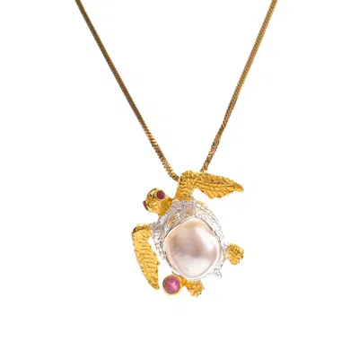 Ebru Jewelry Women's White / Pink / Gold Eternal Wisdom Turtle Pearl & Ruby Necklace - Gold