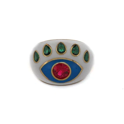 Ebru Jewelry Women's White / Pink / Purple Guardian Ruby & Emerald Evil Eye White Enamel Adjustable Ring - White In Multi