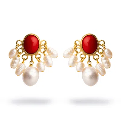 Ebru Jewelry Women's White / Red / Gold Coral Blossom Pearl Cluster Drop Earrings - Red In Multi