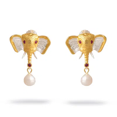 Ebru Jewelry Women's White / Red / Gold Guardian Elephant Ruby & Pearl Earrings - Gold