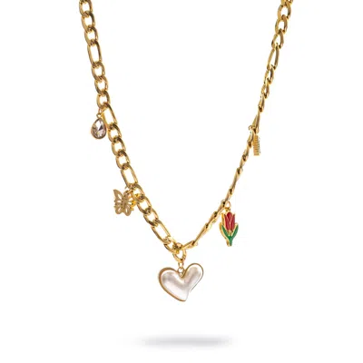 Ebru Jewelry Women's White / Red / Gold Love In Bloom Charm Necklace - Gold In Multi