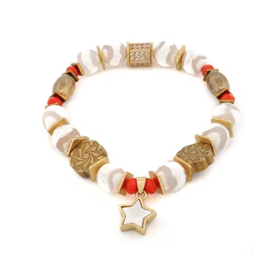Ebru Jewelry Women's White / Red / Gold Radiant Harmony Star Beaded Bracelet - White