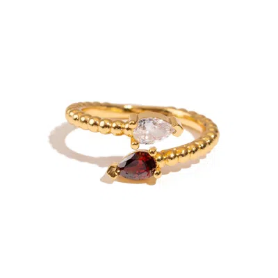 Ebru Jewelry Women's White / Red / Gold Ruby & Diamond Teardrop Glow Gold Adjustable Ring - Red