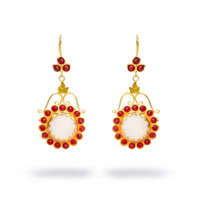Ebru Jewelry Women's White / Red / Gold Vintage Red & White Floral Chunky Earrings - Gold