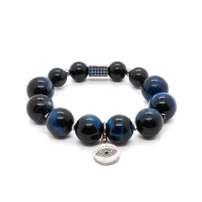 Ebru Jewelry Women's White / Silver / Blue Blue Tiger's Eye Stone Beaded Silver Evil Eye Bracelet - Blue In Multi