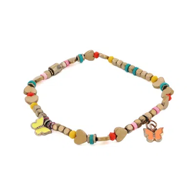 Ebru Jewelry Women's Yellow / Orange / Gold Joyful Spirit Butterfly & Heart Gold Beaded Anklet - Multicolour