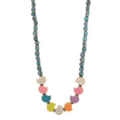 Ebru Jewelry Women's Yellow / Orange / Pink Rainbow Aura Seashell Evil Eye Handmade Necklace - Multicolor