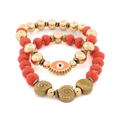Ebru Jewelry Women's Yellow / Orange / Red Evil Eye & Shell Symbol Gold Beaded Protection Bracelet Set - Gold In Multi