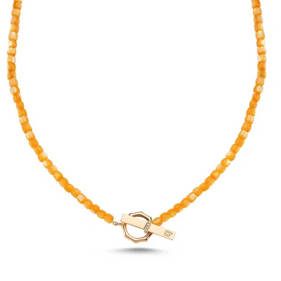 Ecce | Artisan Diamonds Women's 14k Solid Gold Colorful Pearl Bead Ecce Brand Bar Diamond Necklace - Orange