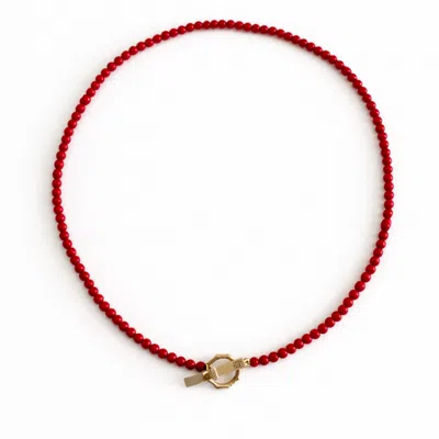 Ecce | Artisan Diamonds Women's 14k Solid Gold Colorful Pearl Bead Ecce Brand Bar Diamond Necklace - Red Coral