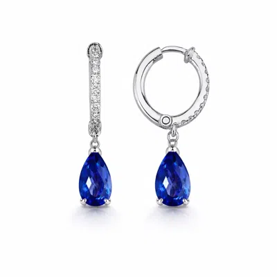 Ecce | Artisan Diamonds Women's 14k Solid White Gold  Drop Sapphire Diamonds Hoop Earrings