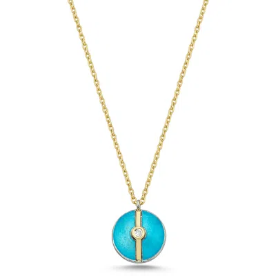 Ecce | Artisan Diamonds Women's Blue Enamelled Mini Diamond Buttons 14k Yellow Gold Necklace - Turquoise