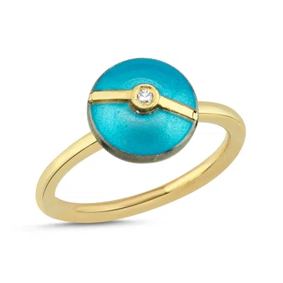 Ecce | Artisan Diamonds Women's Blue Enamelled Mini Multi Diamond Buttons 14k Yellow Gold Ring - Turquoise