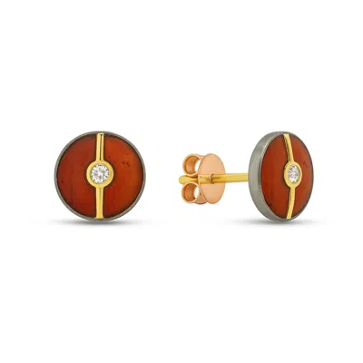 Ecce | Artisan Diamonds Women's Brown Enamelled Mini Multi Diamond Buttons 14k Yellow Gold Earring - Camel In Red