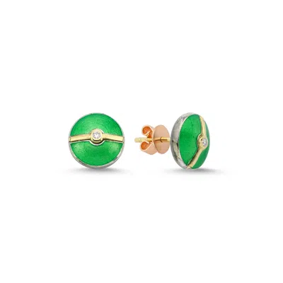 Ecce | Artisan Diamonds Women's Enamelled Mini Multi Diamond Buttons 14k Yellow Gold Earring - Green