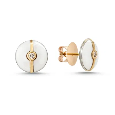 Ecce | Artisan Diamonds Women's Enamelled Mini Multi Diamond Buttons 14k Yellow Gold Earring - White In Brown