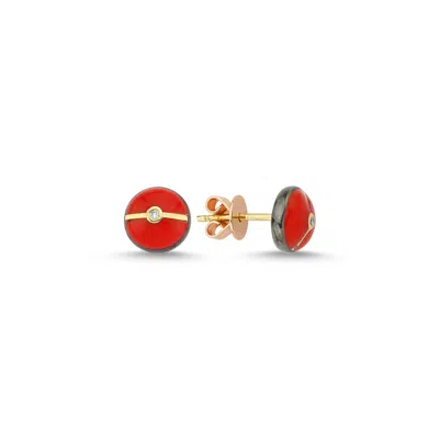 Ecce | Artisan Diamonds Women's Red Enamelled Very Mini Multi Diamond Buttons 14k Yellow Gold Earring - Turquoise