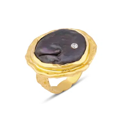 Ece London Women's Gold / Black The Aphrodite's Tear Baroque Pearl Ring In Multi