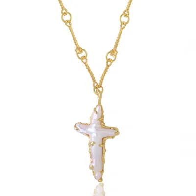 Ece London Women's Gold / White The Tethys Baroque Pearl Cross With The Roman Chain In Multi