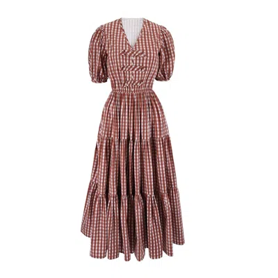 Echo Of Pink Women's Brown Charlotte Gingham Hand Block Print Cotton Midi Dress