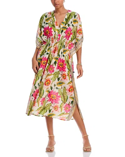 Echo Tile Floral Maxi Caftan Dress In Cream/pink Flowers In Multi