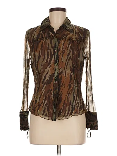 Pre-owned Eci Long Sleeve Silk Top Brown Animal Print Pattern Cold Shoulder Neckline Tops
