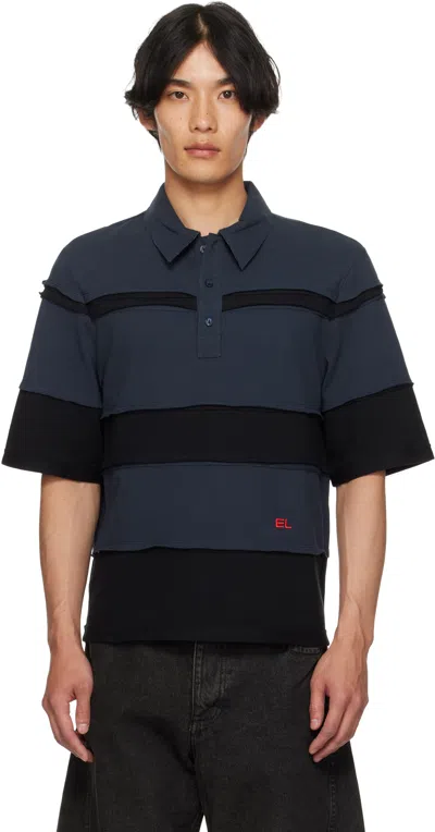 Eckhaus Latta Navy & Black Striated Polo In Blue
