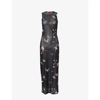 Eckhaus Latta Womens Black Pansy El Duet Stretch-mesh Midi Dress Xs