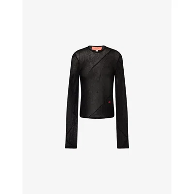 Eckhaus Latta Womens Jet Spiral Embroidered-logo Knit Top In Black