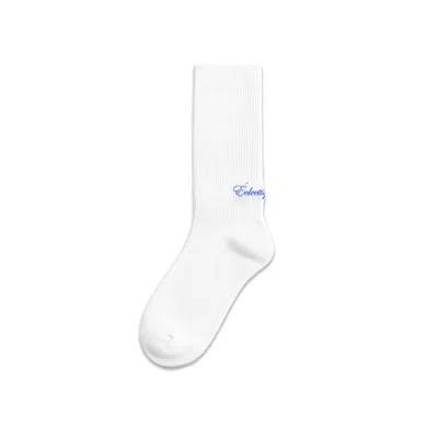 Éclectique Men's White Logo Socks With Blue Script Logo