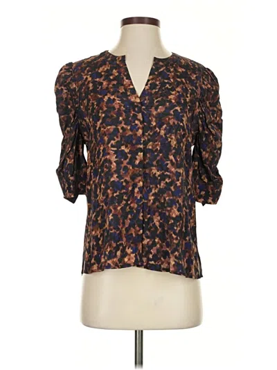 Pre-owned Ecru 3/4 Sleeve Silk Top Brown V Neck Tops
