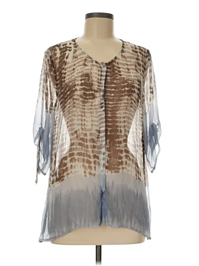 Pre-owned Ecru 3/4 Sleeve Silk Top Gray Plunge Neckline Tops