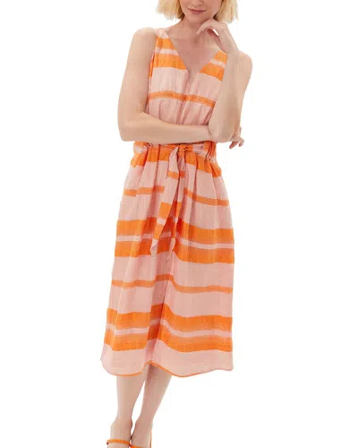 Ecru Belted Linen-blend Dress In Orange