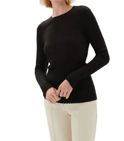 Ecru Long Sleeve Pointelle Rib Crew Top In Black