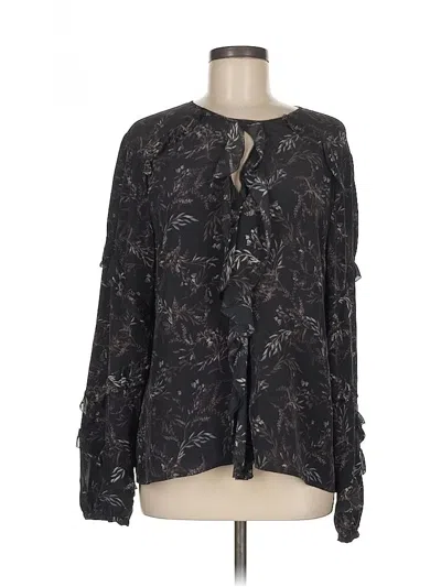 Pre-owned Ecru Long Sleeve Silk Top Black Keyhole Neckline Tops