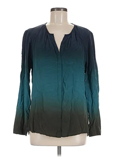 Pre-owned Ecru Long Sleeve Silk Top Teal Plunge Neckline Tops