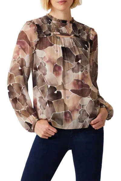 Ecru Mock Neck Long Sleeve Top In Desert Watecolor In Multi