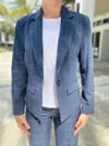 Ecru One Button Blazer With Embroidery In Blue Pinstrip In Multi