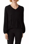 Ecru V-neck Long Sleeve Ruched Chiffon Top In Black In Black