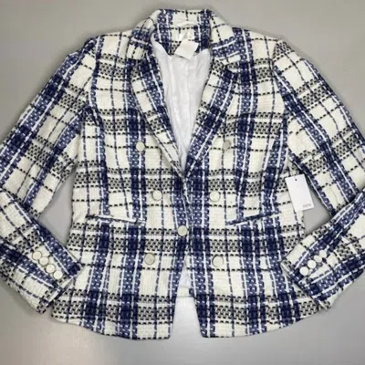 Ecru Women's Tweed Double Breasted Plaid Blazer In Blue, White