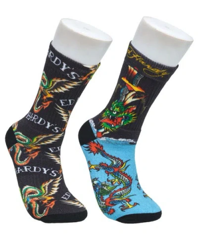 Ed Hardy 360 Print Full Cushion Crew Sock 2-pack In Black