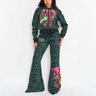 Ed Hardy Anchor Rose Bootcut Sweatpants In Green Leopard